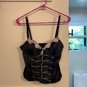 Black Bodice is its straps & pink lace. Pink embroidered details.